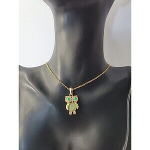Vintage Gold Tone Owl Necklace Green Resin Faceted Cabachon Pendant Jewelry